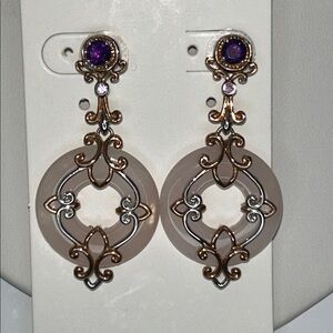 NWOT Genuine Rose Quartz Disc Amethyst Accent Sterling Silver Designer Earrings